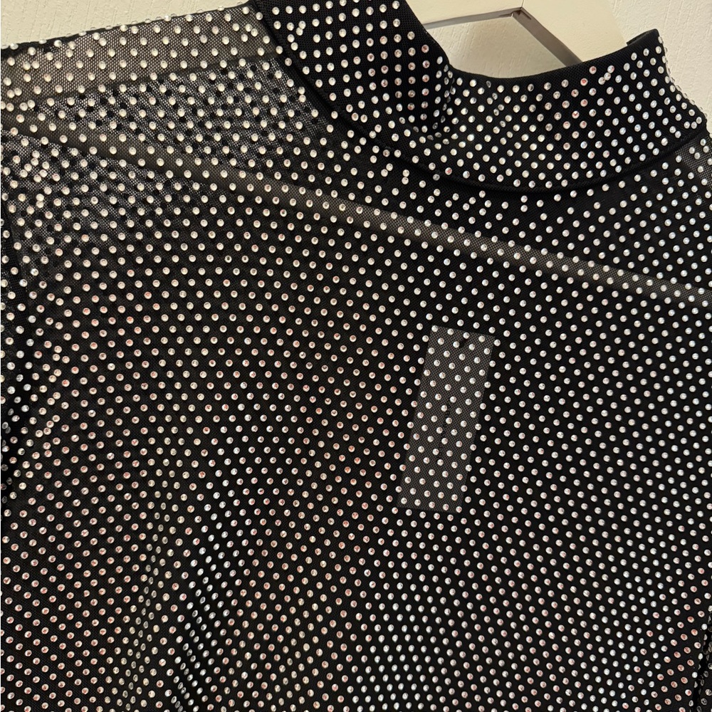 Hot Fix Diamante Power Jersey Black Mesh Long Sleeve Dress. - Picture 3 of 5